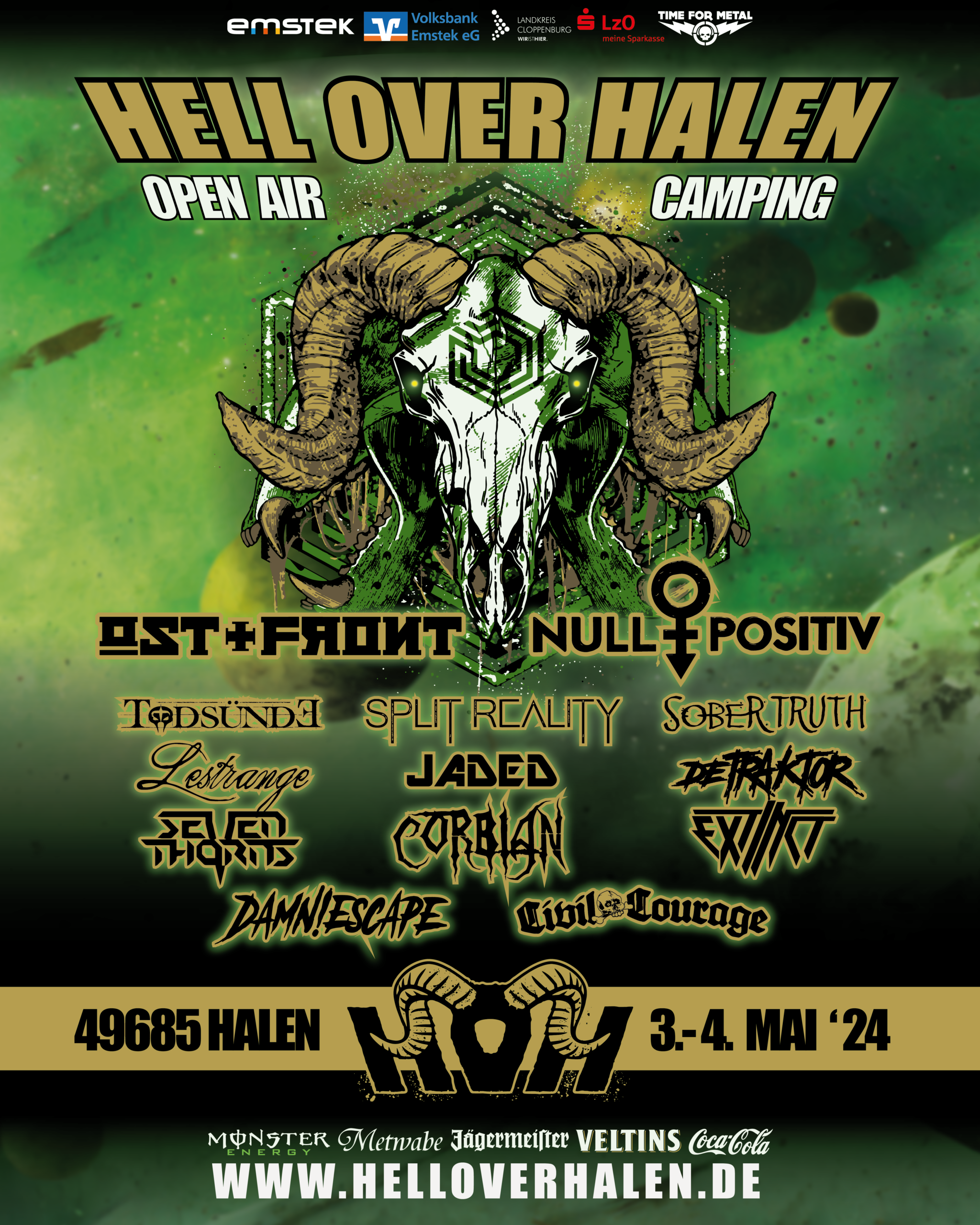 Festivalplakat Hell over Halen 2024 mit grünem Widderkopf-Motiv und Band-Line-up. Metal Open Air mit Camping am 3. und 4. Mai in Halen bei Emstek.